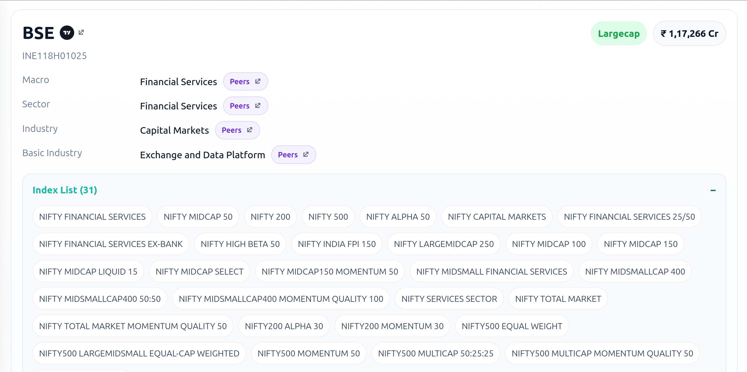 Stock details page with sector, peers, and market structure context
